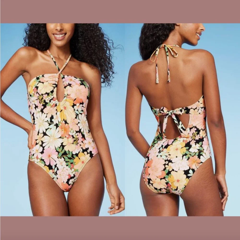 NWT Shade &‎ Shore [ Small 4-6 ] Halter Keyhole Bandeau One Piece Swimsuit 5940